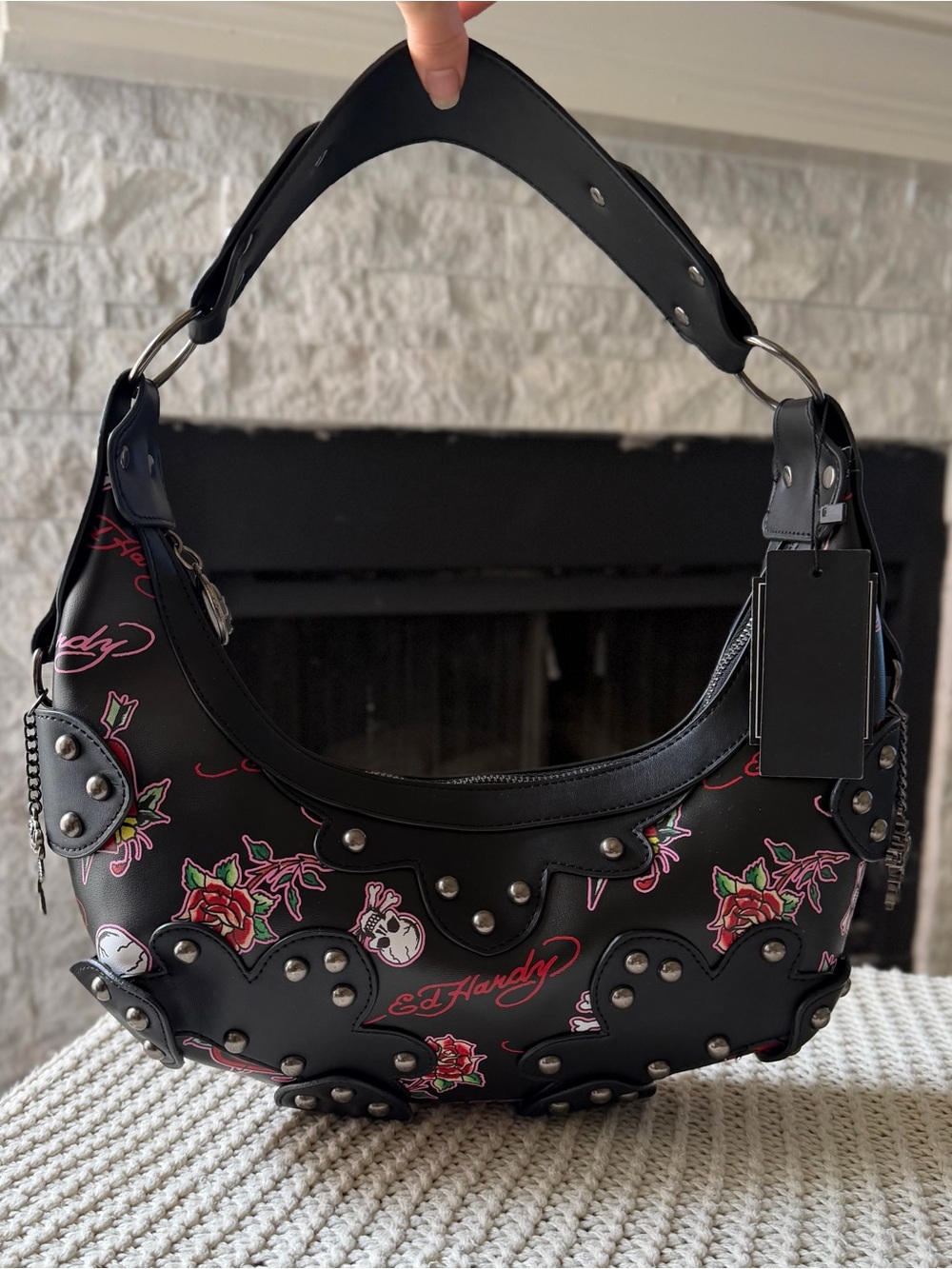 Ed Hardy Black Shoulder Bag with Pink & Green Floral Print